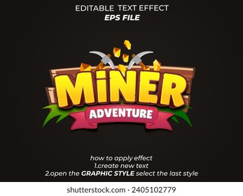 miner adventure text effect, font editable, typography, 3d text for medieval fantasy and  rpg games. vector template