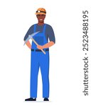 Miner African American man character, coal or minerals mining, Worker in uniform with pickaxe stands tall. Extraction Industry Profession Working. Vector Illustration