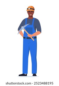 Mineiro afro-americano caráter homem, carvão ou minerais de mineração, Trabalhador em uniforme com picareta fica alto. Indústria de Extração Profissão Trabalhando. Ilustração de vetor