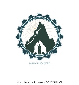 Miner against Mountains, Emblem of the Mining Industry, Label and Badge Mine Shaft, Vector Illustration 