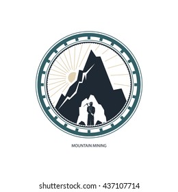 Miner against Mountains,Emblem of the Mining Industry, Label and Badge Mine Shaft,  Vector Illustration