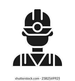 Miner black glyph icon. Manual labour. Coal mining industry employee. Uniform and protective equipment. Silhouette symbol on white space. Solid pictogram. Vector isolated illustration