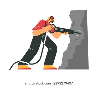 Miner breaks rock with electric jackhammer flat cartoon vector illustration isolated on white background. Modern miner at work character in uniform and helmet.