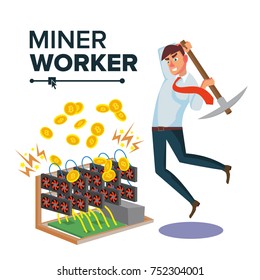 Miner Businessman Vector. Cryptocurrency And Electronic Money. Digging To Get Virtual Coins. Flat Cartoon Illustration