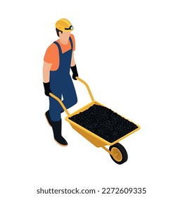 Miner carrying wheelbarrow with coal 3d isometric vector illustration