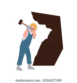 Miner cartoon character in uniform and helmet working in quarry for natural resources extraction