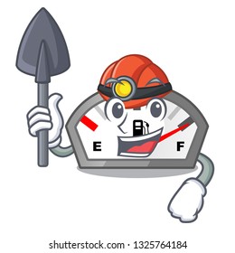 Miner cartoon gasoline indicator sticks to motorbike