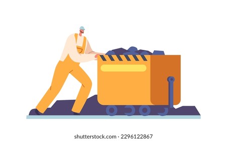 Miner Character With Trolley, Worker Pushing Wheeled Cart Filled With Coal Minerals, Used To Transport Materials
