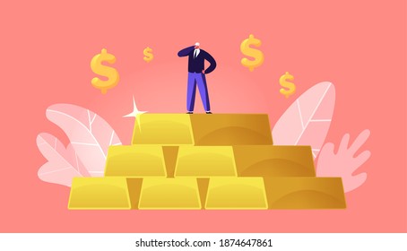 Miner Character Wearing Helmet Stand on Huge Pile of Golden Bars with Dollar Signs around. Gold Mining in Quarry, Extraction Industry with Working Equipment and Technics. Cartoon Vector Illustration