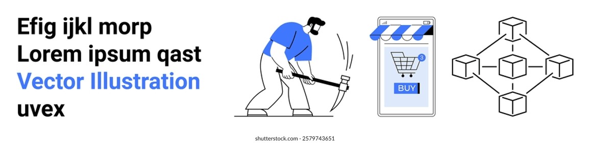 Miner character working with pickaxe and online shopping sign with cart next to blockchain network diagram. Ideal for fintech e-commerce blockchain technology marketing cryptocurrency. Banner
