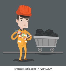 Miner checking documents with the flashlight on the background of trolley with coal. Mine worker in hard hat. Miner in the coal mine. Vector flat design illustration. Square layout.