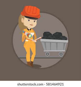 Miner checking documents with the flashlight on the background of trolley with coal. Mine worker in hard hat. Miner in the coal mine. Vector flat design illustration in circle isolated on background.