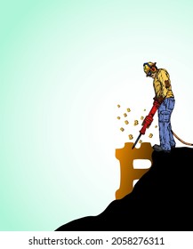 A miner chisel bitcoin out of a mine with a pneumatic jackhammer for the concept of mining cryptocurrency. Hand drawn vector illustration. 