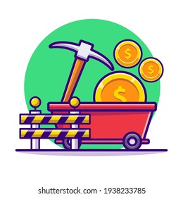 Miner Coin with Pickaxe and Gold Vector Flat Illustration. Mining Gold with Pickaxe. Flat Cartoon Style