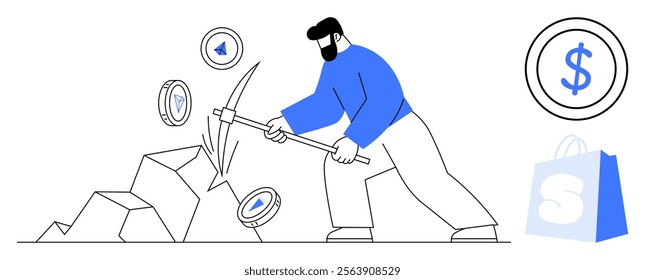 Miner cracking rocks with a pickaxe to collect digital currency coins. Ideal for cryptocurrency, online shopping, finance, digital transactions, and mining themes. Simple, clean, modern style