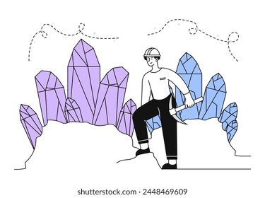 Miner with crystals linear. Man in uniform near diamonds. Precious gems in mountains. Young guy mining minerals. Worker with pick. Doodle flat vector illustration isolated on white background