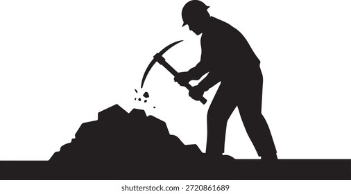 Minero cavando en una pila de tierra con un pico mostrado en una simple silueta negra sobre un fondo blanco que representa una tarea intensiva de trabajo.