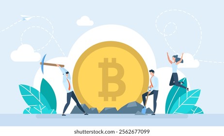 Miner is digging on golden bitcoin. Devices and technology for mining cryptocurrency. Cryptocurrency mining concept with pickaxe and shovel. Machines for mining cryptocurrency. Vector illustration