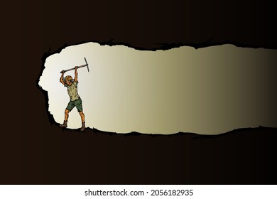 A miner digging an underground subterranean tunnel. Hand drawn vector illustration. 