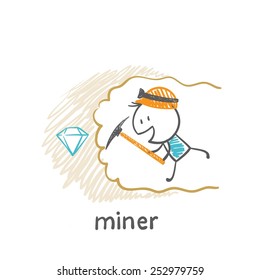 miner digs the ground next to a gem illustration