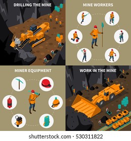 Miner equipment machinery and people workinf in mine 2x2 isometric icons set isolated vector illustration
