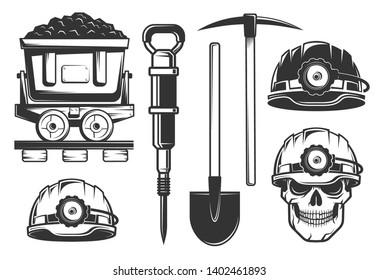 Miner equipment in retro style. Helmets and picks. Skull in hardhat.