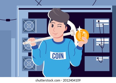 The miner extracts cryptocurrency on a mining farm. Illustration of winking men with pickaxe and cryptocurrency in hands