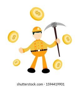 miner and gold coin flat design illustration