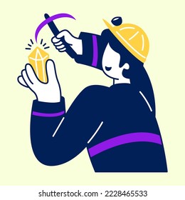 El minero tiene diamantes en la mano. Diseño plano, concepto moderno de ilustración vectorial