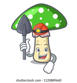 Miner green amanita mushroom mascot cartoon