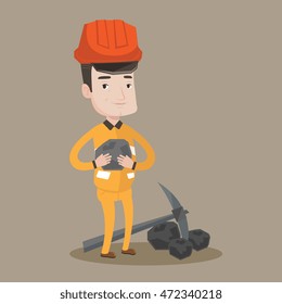 A miner in hard hat holding coal in the hands. Miner with a pickaxe. Miner working at coal mine. Vector flat design illustration. Square layout.