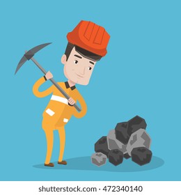 A miner in hard hat working with a pickaxe. Miner at the coal mine. Vector flat design illustration. Square layout.