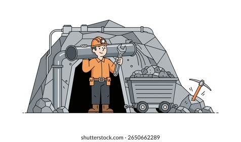 Miner in a helmet carrying a pipe enters a mine entrance carrying his tools with a cart full of rocks nearby