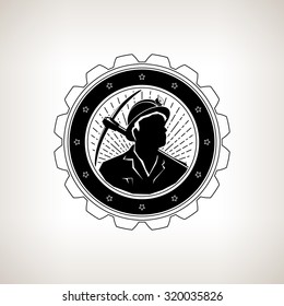 Miner in the Helmet with a Flashlight is Holding Pickaxe  on the Background  Sunburst, Vintage Emblem of the Mining Industry on a Light Background, Label or Badge  Mine Shaft, Vector Illustration
