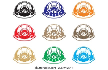 Miner Helmet With Flashlight Vector Illustration. Safety Hard Hat With Flashlight Isolated On A White Background
