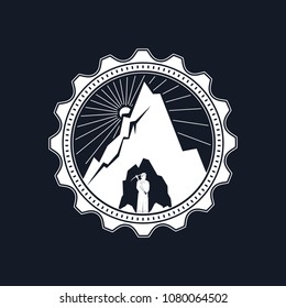 Miner in the Helmet is Holding Pickaxe in the Bowels of the Mountain on a Background of the Sunburst, Mine Shaft on a Black Background, Vector Illustration