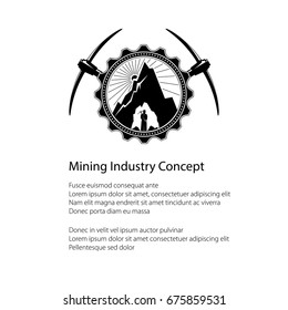 Miner in the Helmet is Holding Pickaxe in the Bowels of the Mountain on a Background of the Sunburst in a Gear with Two Crossed Pickaxes and Text , Mining Industry, Flyer Brochure Design, Vector 