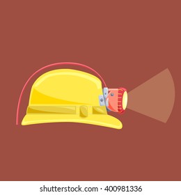 Miner Helmet With Lamp Drawing In Bright Flat Style. Hard Hat Icon. Vector Illustration. 