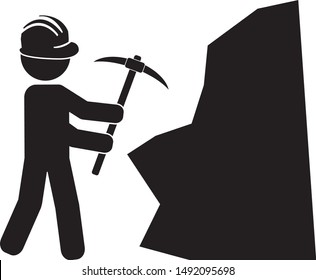 Miner with helmet using pickaxe or pick axe to hit rock, mine worker vector icon
