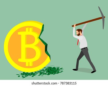 The miner with the help of a pickax extracts dollars from bitcoin.