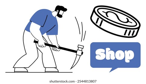Miner holding a pickaxe and digging. Large coin and shop symbol in blue speech bubble. Ideal for financial services, cryptocurrency, online shopping, e-commerce, and entrepreneurship. Cartoon