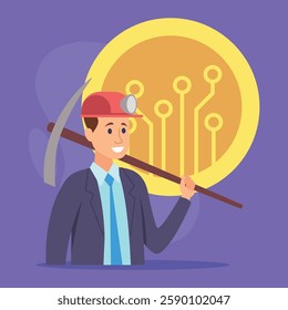 Miner holding pickaxe over his shoulder against backdrop of large cryptocurrency coin with circuit designs. Digital currency mining concept