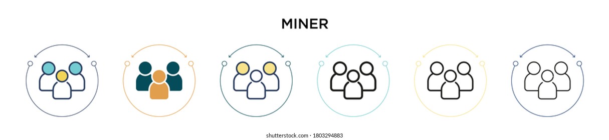 Icono menor en el estilo relleno, delgado, contorno y trazo. Ilustración vectorial de dos diseños de iconos vectoriales de minero de color y negro se pueden utilizar para móviles, ui, web