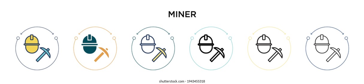 Miner-Symbol in voller, dünner Linie, Umriss und Strich-Stil. Vektorgrafik von zwei farbigen und schwarzen Vektorgrafik-Symbolen kann für mobile, iPhone-, web-basierte