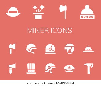 conjunto de iconos del minero. 14 iconos llenos de mineros.  Iconos modernos sencillos, como: Sombrero, hacha, casco