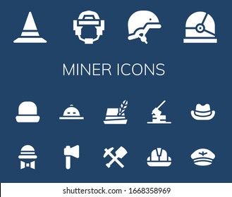 miner icon set. 14 filled miner icons.  Simple modern icons such as: Hat, Helmet, Axe, Mine