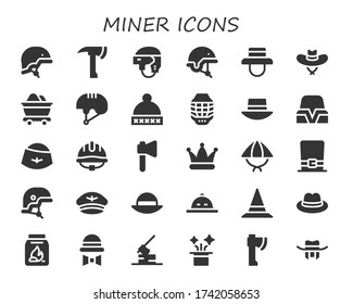 miner icon set. 30 filled miner icons.  Simple modern icons such as: Helmet, Axe, Hat, Mine, Coal