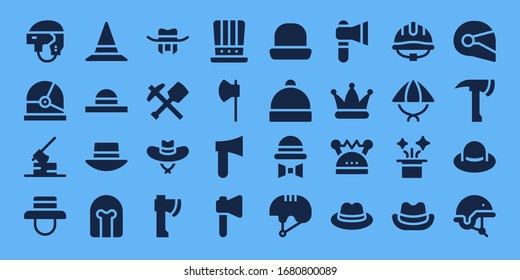 miner icon set. 32 filled miner icons. Included Helmet, Axe, Hat, Mine icons
