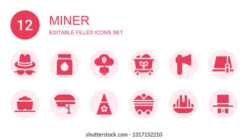 miner icon set. Collection of 12 filled miner icons included Hat, Coal, Mining, Axe, Helmet