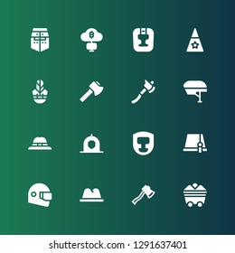 miner icon set. Collection of 16 filled miner icons included Coal, Axe, Hat, Helmet, Headgear, Mining